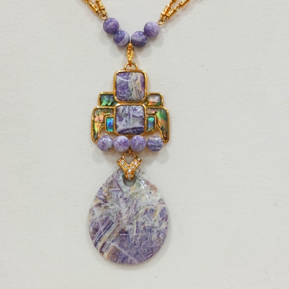 Rare Find Gold and Purple Pendant Necklace By Butler Natural Gemstone Charoite